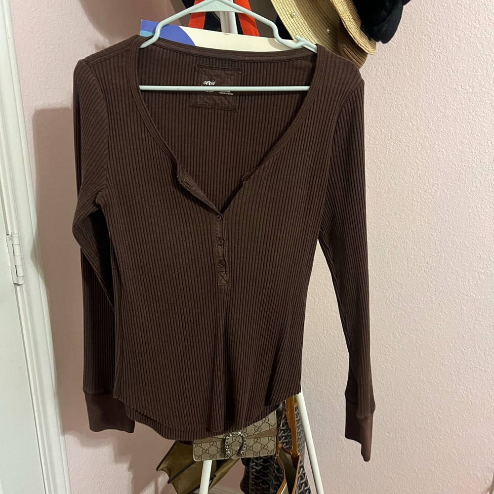 Chocolate Brown Ribbed Long Sleeve Top